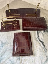 Set scrivania direzionale vintage pelle marrone coccodrillo lusso 4 pezzi ottone