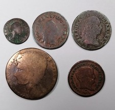 monete borboniche: 3-9 cavalli 1789, 1 gr. 1789,  3 grana  1810, 2 tornesi 1826