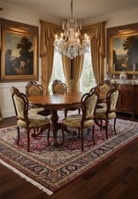 Tavolo da pranzo Antico con 6 sedie Noce Nazionale, Tessuto Damascato