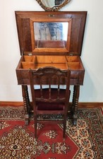 Antica, elegante Console Impero in piume di Mogano e Noce con Specchio e Sedia