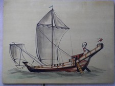 Vecchia stampa su legno ANTICA NAVE ROMANA o EGIZIANA barca a vela veliero della