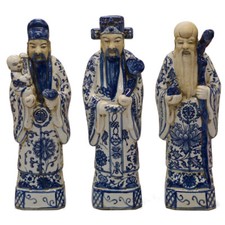 Venditore USA - Set di statue cinesi in porcellana blu e bianca tre dei fortunati
