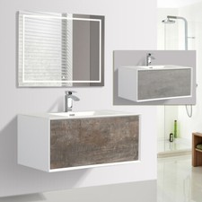 MOBILE BAGNO SOSPESO 90 LEGNO BIANCO STONE O CEMENTO LAVABO SPECCHIO LED GRIFF