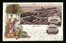 Litografia Lager Lechfeld, veduta generale con edificio di servizio e comando di piazza 