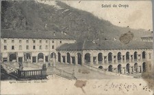 Saluti da Oropa - Insegna Ristorante Croce Bianca - Biella Viaggiata 1905