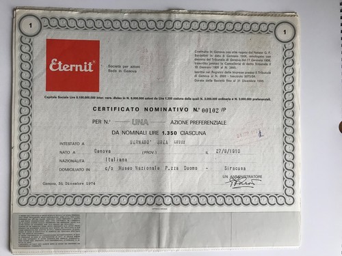 Certificato azionario eternit - azionario,