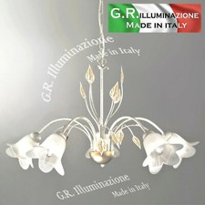 LAMPADARIO IN FERRO BATTUTO 5 LUCI AVORIO ARGENTO E ORO SOSPENSIONE PENDENTE Zoe