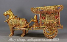 15" Qing Qianlong Kupfer 24K vergoldet Cloisonne Pferd gezogen Wagen Statue