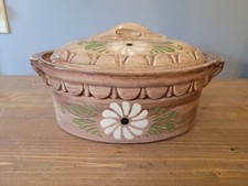 Casseruola vintage arte popolare francese con coperchio terracotta marrone chiaro potrebbe essere Friedmann Terre 
