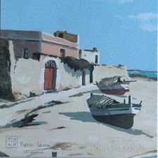 Serigrafia Aldo Riso Leuca Puglia Barche Paesaggio pescatori Borgo Spiaggia vill
