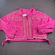 Giacca donna denim con borchie e perle rosa caldo frange strass impreziosita