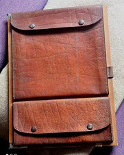 Rara antica cartella organizer scrittura tecnica scuola set  cuoio legno