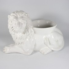 V010 GRANDE VASO PORTA PIANTE PIANTA FIORI IN CERAMICA BIANCA SCULTURA LEONE