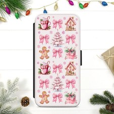 Custodia telefono rosa invernale con fiocco a civetta per iPhone Samsung Google Pixel portafoglio pieghevole