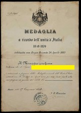 Regno -  Diploma medaglia a ricordo dell'Unità d'Italia 1848-1870