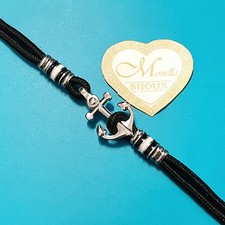 Bracciale nero corda ancora acciaio  regolabile