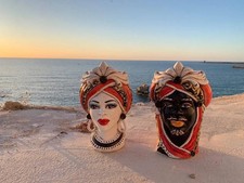 Teste di Moro Siciliane (1Unità) h 28 cm ca. ceramica Caltagirone, con Fregio e 