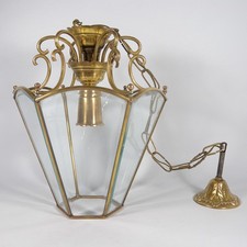 LAMPADARIO A LANTERNA IN OTTONE E VETRO MOLATO VINTAGE ANNI 40 50 - W036