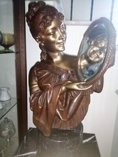 Statua scultura busto Donna bronzo su colonna marmo, rara firmata a mano- Moreau