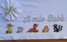 Lenzuolino neonato culla carrozzina BAMBI Ricamo Punto Croce Bianco Verde