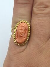 Anello Cameo vero corallo Antico Arancione Di Sardegna Argento 925 Oro Giallo 