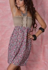 Sexy Miss Donna Fascia Mini Abito Estate Fiori XS-S Beige Variopinto Nuovo Top