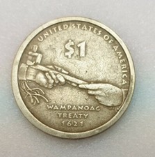 Vedo rara moneta da 1 dollaro dei Nativi Americani. Trattato di Pace Wampanoag 
