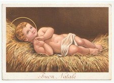 Non Viaggiata cartolina Buon Natale d'epoca Gesù Bambino mangiatoia presepe