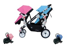PASSEGGINO CARROZZINA TRIO 3in1 DOPPIO/GEMELLARE NERO E BLU ROSA DUE OVETTI AUTO