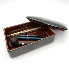 Scatola Porta oggetti stile antica in ceramica marrone invetriata da scrivania 