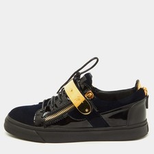Giuseppe Zanotti Navy BlueBlack Velvet and Patent Leather Double Zip Low