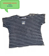 T-Shirt Top a Righine Blu Scuro e Blu Chiaro con Barca 100% Cotone Chicco 9 Mesi