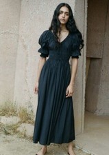 Maxi abito lungo donna Ischia in cotone nero con volant e viscosa