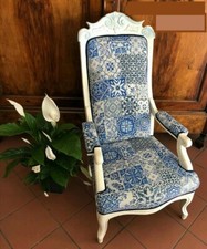 Coppia di Poltrone Shabby Chic maioliche bianche antiche Luigi Filippo blu