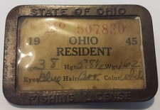Vintage 1945 Ohio licenza di pesca e supporto in metallo Youngstown #507830 bella forma!