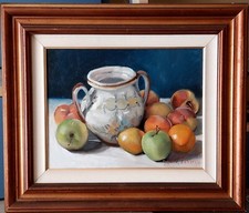 Vecchio dipinto olio su tela, Vaso e Frutta. 