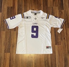 (Nuovo con etichette) LSU Tigers #9 Joe Burrow maglia cucita bianca, toppa 2020 (adulto grande)