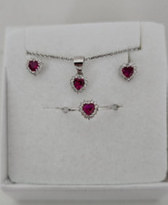 SET COMPLETO COLLANA ORECCHINI E ANELLO ARGENTO 925 A CUORE ZIRCONE ROSSO