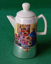 OTTIMA CAFFETTIERA VINTAGE ALLUMINIO E PORCELLANA 2 TZ DECORO FLOREALE. CJ22