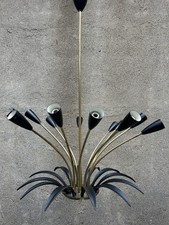 Lampadario A 12 Luci Vintage Anni 50 Con Foglie, Alluminio E Ottone