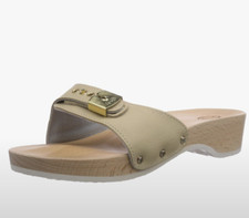 DR SCHOLL PESCURA TACCO ZOCCOLI LEGNO DONNA IN PELLE COLORE SABBIA HEEL