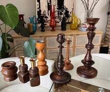 Set 7 candelabri vintage in legno misto MCM, scandinavi, firmati, REGALO Svensk