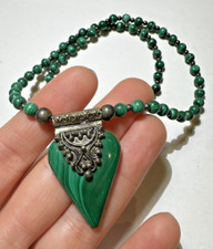 Vintage Intagliato Verde Malachite Rotondo Perlina Argento Inciso Collana CD