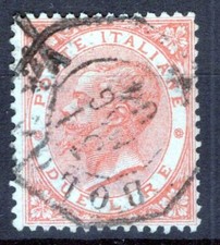 REGNO D'ITALIA 1863-65 2 LIRE TIRATURA LONDRA DE LA RUE N.L22 US. ANNULLO DATA