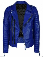 Elegante giacca biker uomo pelle blu royal vera pelle di agnello trapuntata MotoCoat