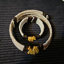 Collana+ Bracciale Originale Vintage 80-90 In Perline Bianche Ed Inserti   Ambra