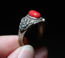 Rare Old Chinese Cloisonne Silver Inlay red jade Flower Jewelry Figure Ring