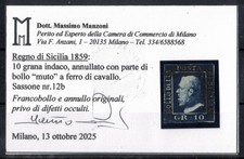 C37 ANTICHI STATI 1859 SICILIA francobollo 10 grana indaco 12b US CERT  