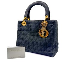 Christian Dior Lady Dior Cannage Charm Borsa a Mano Tote Borsetta Nylon Nero Oro Autore