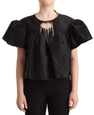 Camicetta Manila Grace nera poliestere sbuffata maniche corte top IT40/US6/S PREZZO AL PUBBLICO $350